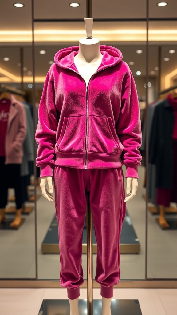 Juicy Couture velour sweatsuit in vibrant color on a mannequin, highlighting the zip-up hoodie and jogger pants.